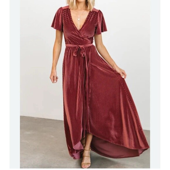 Baltic Born Maxi Dress Large Andi Ribbed Velvet Wrap Short Sleeve Dark Rose - Picture 3 of 11